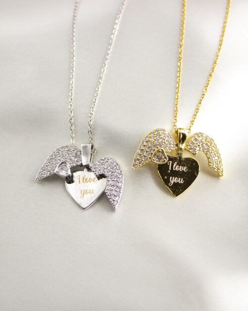 Engraved Angel Wing Heart Pendant Necklace